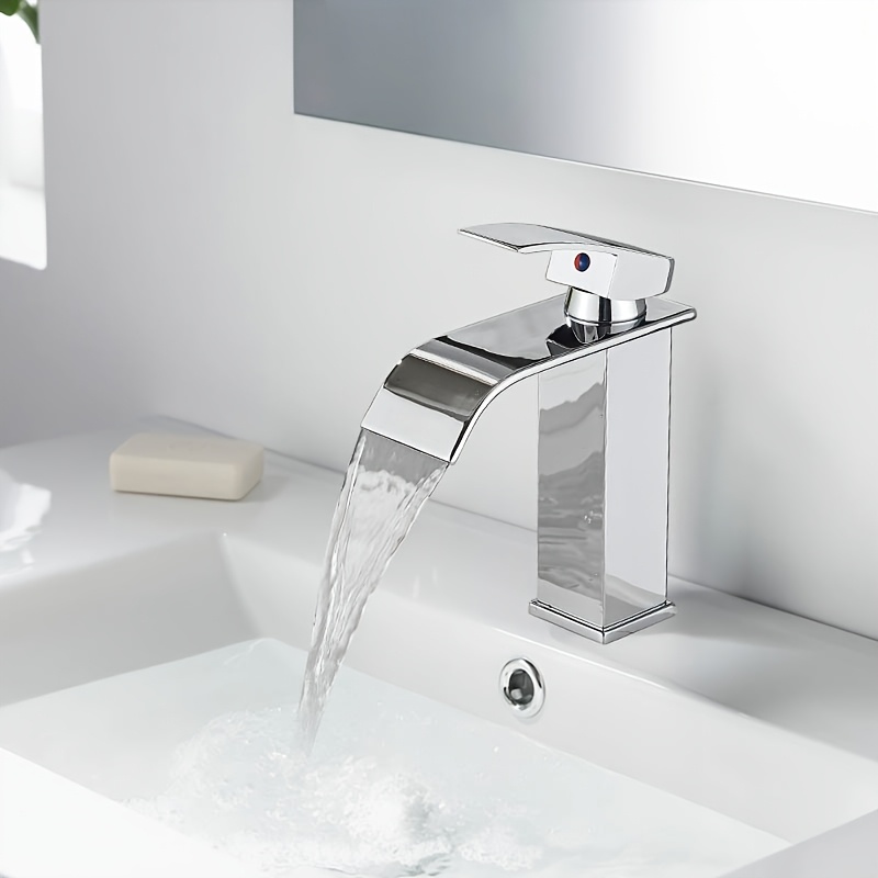 Image of Bathroom Basin Sink Mixer Taps With Waterfall Spout, Square Bathroom Sink Tap Single Lever Modern Taps Brass Chrome Basin Taps 1 Hole With Hot And Cold Hoses