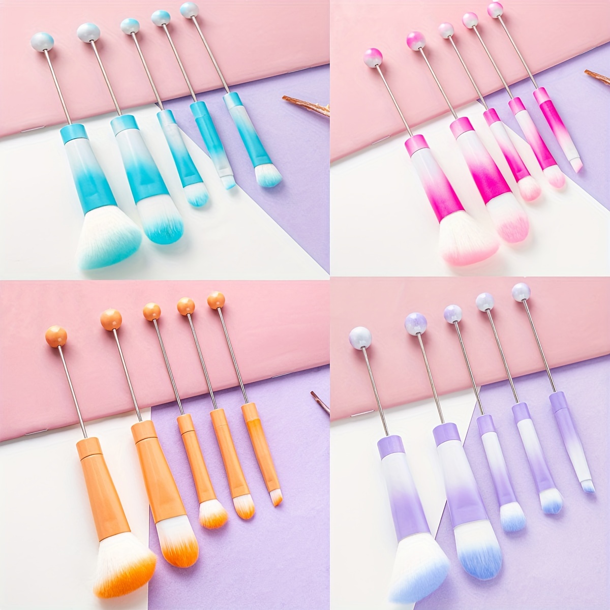 

5-piece Gradient Beaded Makeup Brush Set - Nylon Bristles For All Skin Types, Metal Handle, Fragrance-free - Ideal For Beginners & Travel