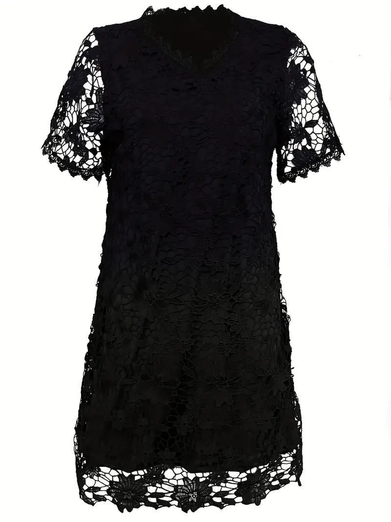 v neck fashion short sleeve hollow lace dress - Temu v neck fashion short sleeve hollow lace dress - Temu