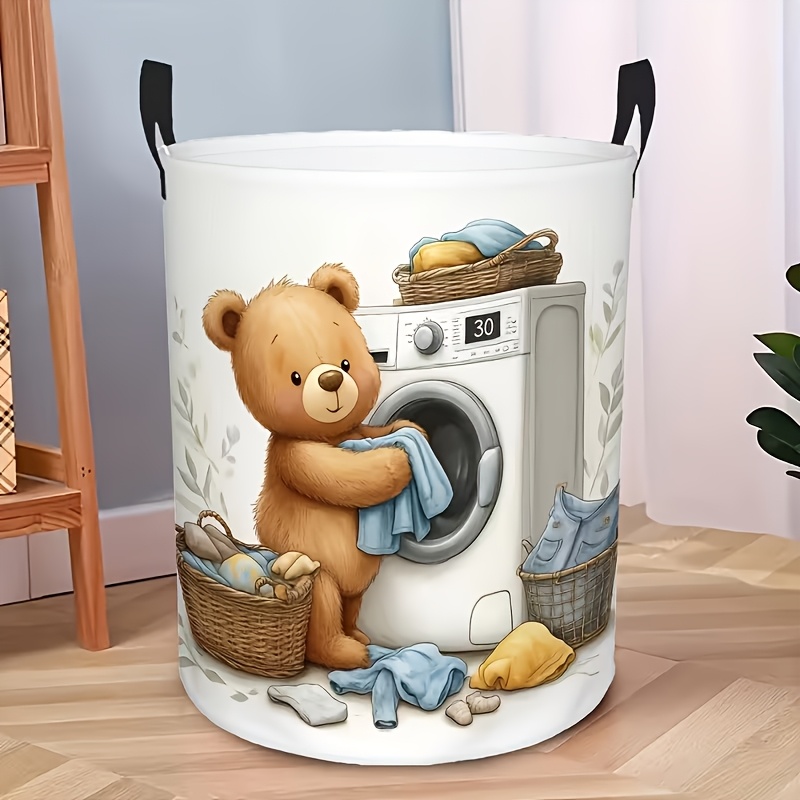 TEMU 1pc, Cute Laundry Bear Hamper - Foldable Round Clothes Basket With Adorable Bear And Laundry Motif, Storage Bin For Bedroom, Bathroom, Closet