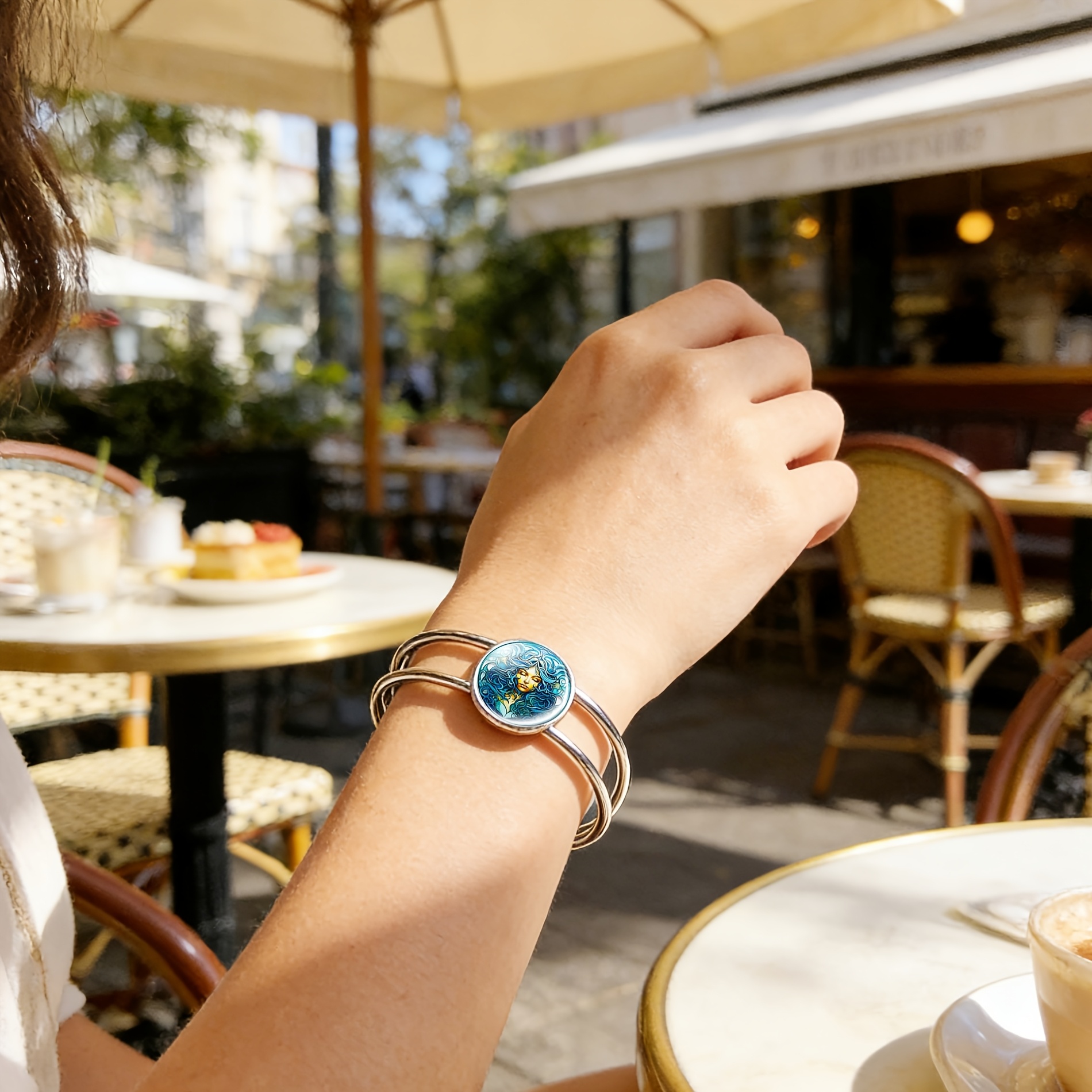 Women's Adjustable Open Bangle with Circular Time Gemstone Inlay