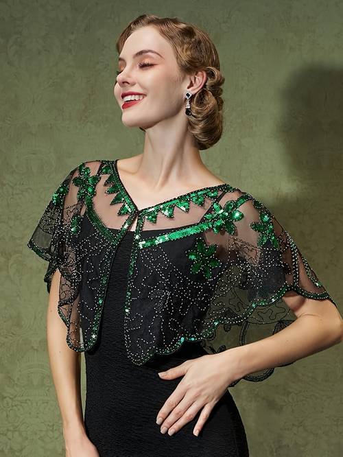 plus size - retro schimmernder blumen-schal - elegante 1920er stil plus size umschlag, perlenbesetzter pailletten, böhmische mode damen abendkleid blumenumhang