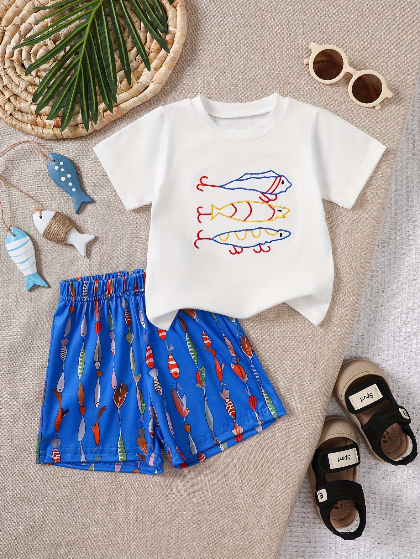 toddler solid color short sleeve top cute fish embroidery cute fish print blue shorts casual non stretch fabric regular fit for summer beach vacation travel playtime best surprise gift for adorable   for outdoor