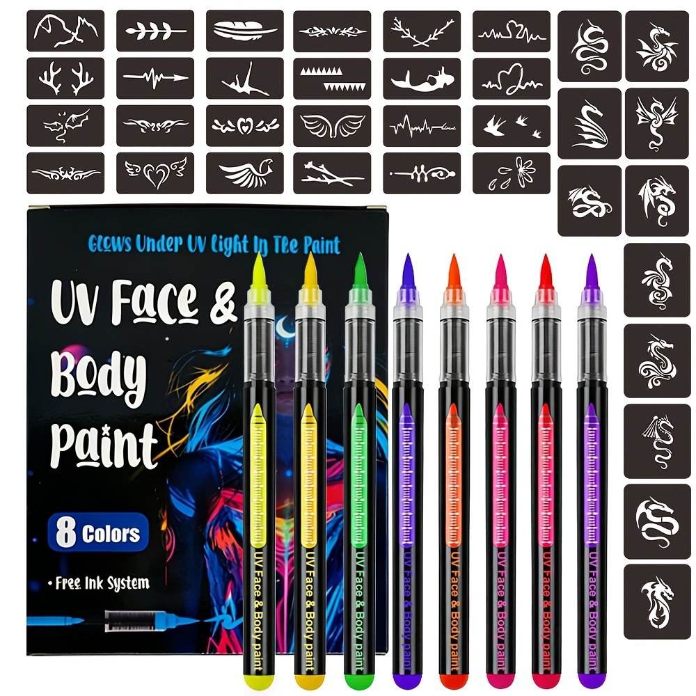 8- And Body Painting Pens And Reusable Stencil Set - Washable Doodle Makeup Pens, Erasable Glow Pens, This Neon Face Painting Pen Is , Ideal For Body Art, Face Painting, And Stage Performances