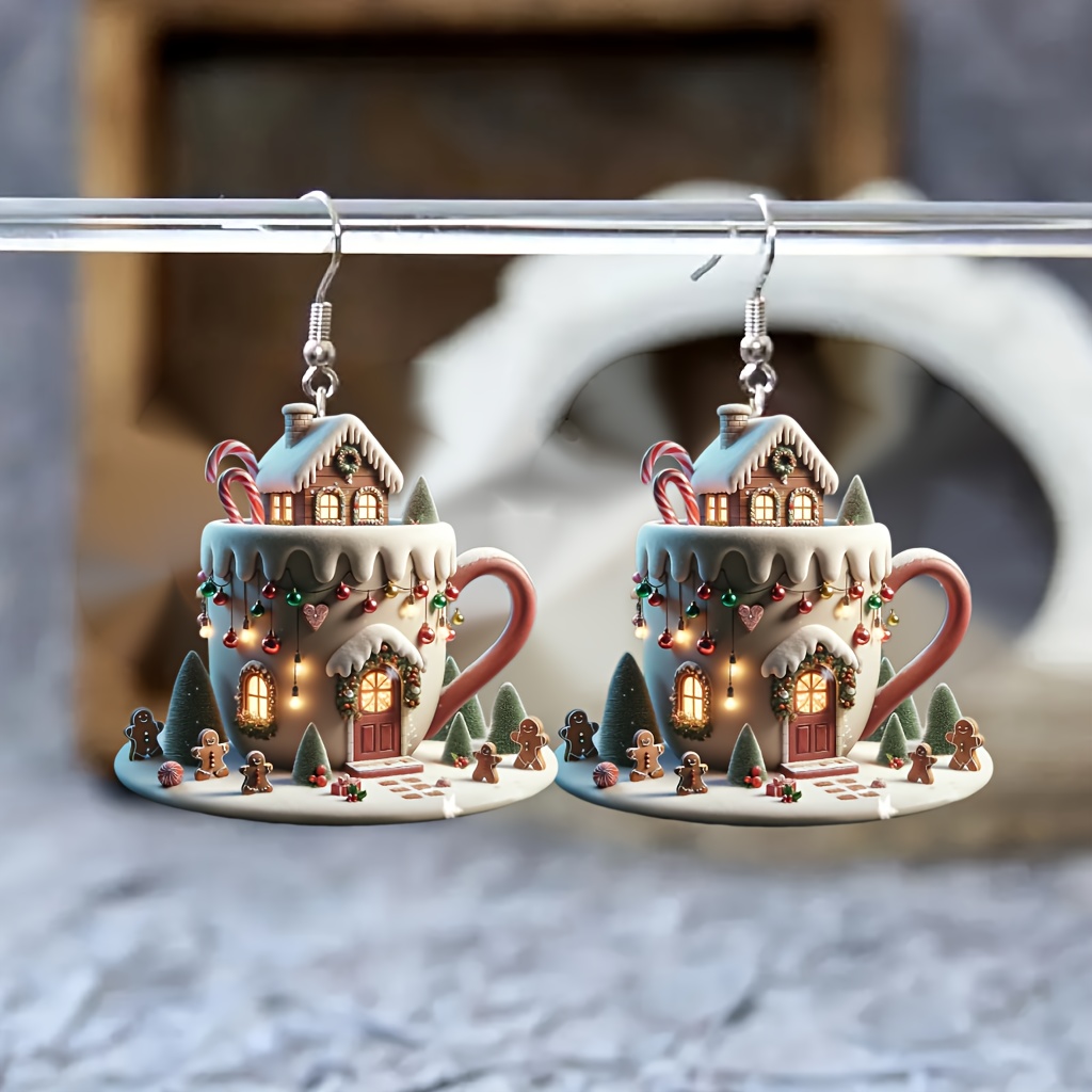 

Acrylic Christmas Mug House Earrings - Festive Drop Dangle Jewelry With Santa, Christmas Tree, Gingerbread Man, Bells, And Candy Details - Lightweight Holiday Party Accessory & Gift For Women (1 Pair)