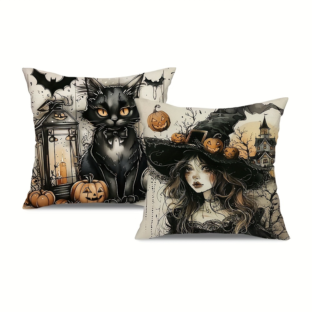 TEMU 2pcs, Vintage Halloween Throw Pillow Covers, 18in*18in Pretty And Black Cat Decor Cushion Covers, Farmhouse Holiday Decorations Pillowcases, For