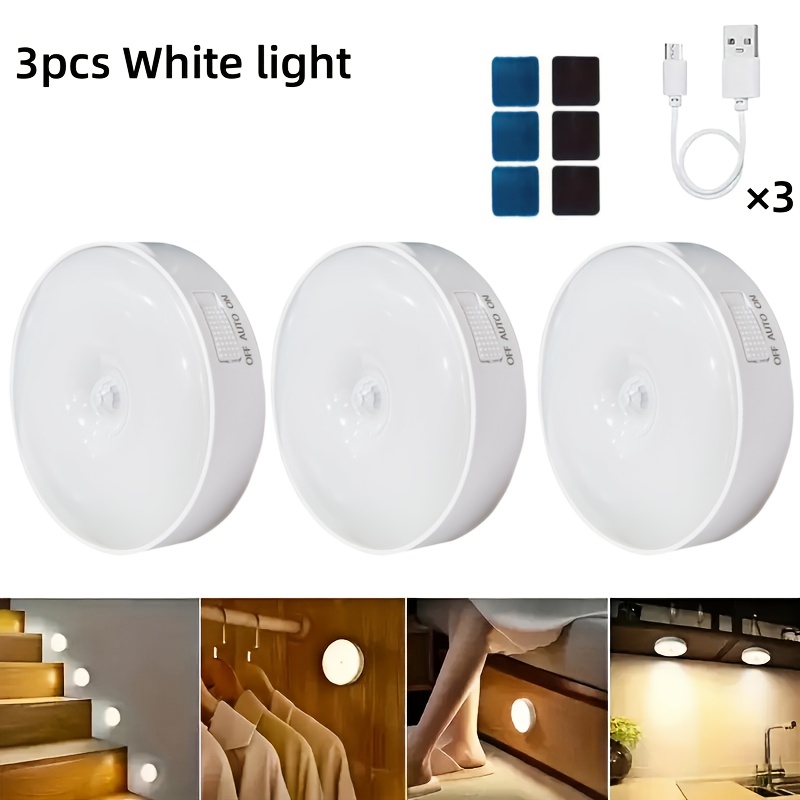 TEMU 3pcs Round Led Motion Sensor Lights, Bedside Night Light, Under Cabinet Lighting, Magnetic Installation, Usb Rechargeable, 2 Lighting Smart