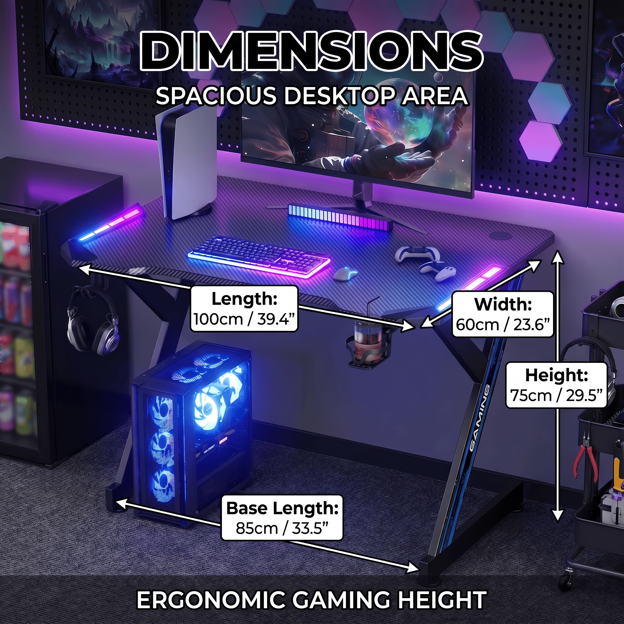 TEMU Bureau de jeu RGB de Y, table de jeu d'ordinateur avec surface en fibre de et LED, porte-gobelet et crochet pour casque, de travail ergonomique