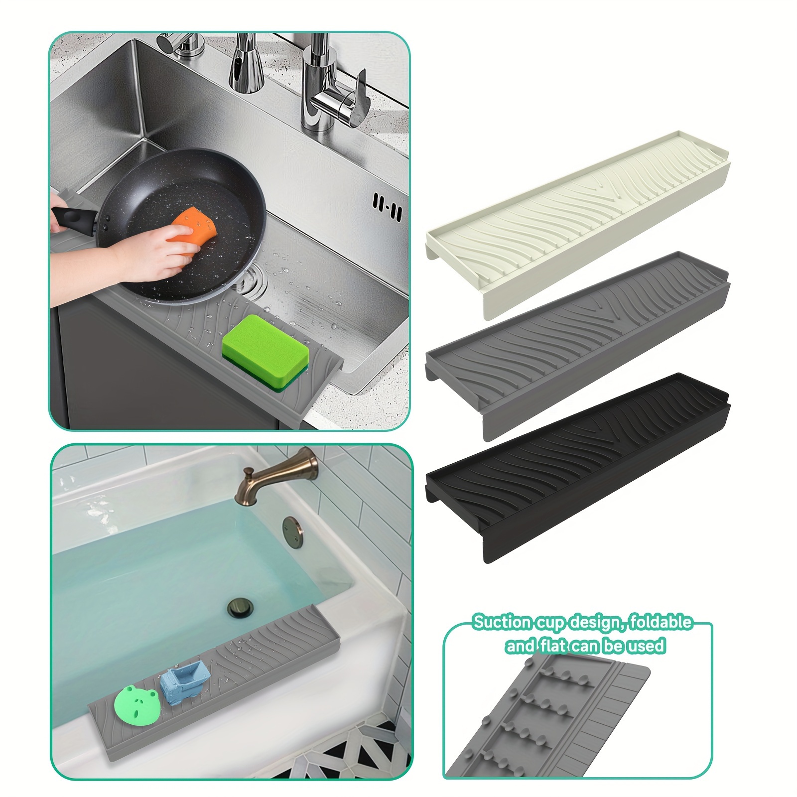 

1pc Barrière anti-éclaboussures réglable en silicone pour évier - Barrière d'eau rectangulaire avec à ventouse pour éviers de cuisine et de salle de bain, tapis de protection de bord à découper