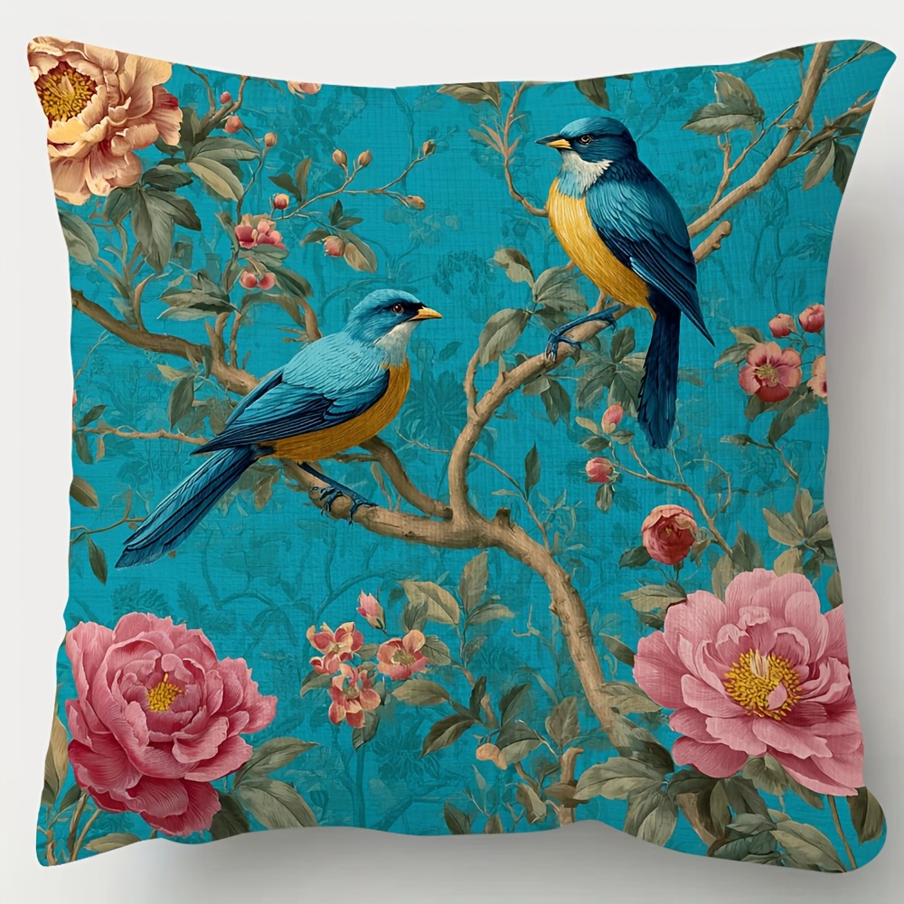 TEMU 1pc, Double-sided Short Pillowcase, Chinoiserie Birds In Turquoise Throw Pillows Covers, Multiple Sizes Pillow Case, Suitable For Sofa, Living