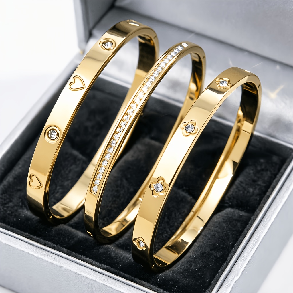 TEMU Ensemble de 3 bracelets, cœurs empilables en acier inoxydable, bracelets incrustés de (Zirconia) synthétique et floraux, bijoux , pour