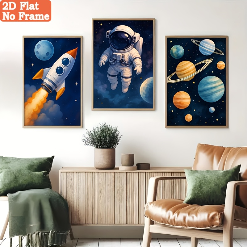 TEMU Collection de 3 tableaux 2D plats, sur toile colorée, sur le thème et des astronautes, avec des lancements de fusées et des planètes , peintures