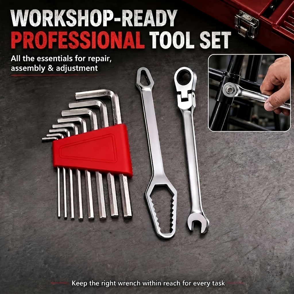 TEMU 10pcs Wrench Set With 180° Flex-head Ratchet Wrench, Universal Torx Wrench (3-17mm) & 8 , Premium Steel Portable Hand Tool Kit For Bicycle
