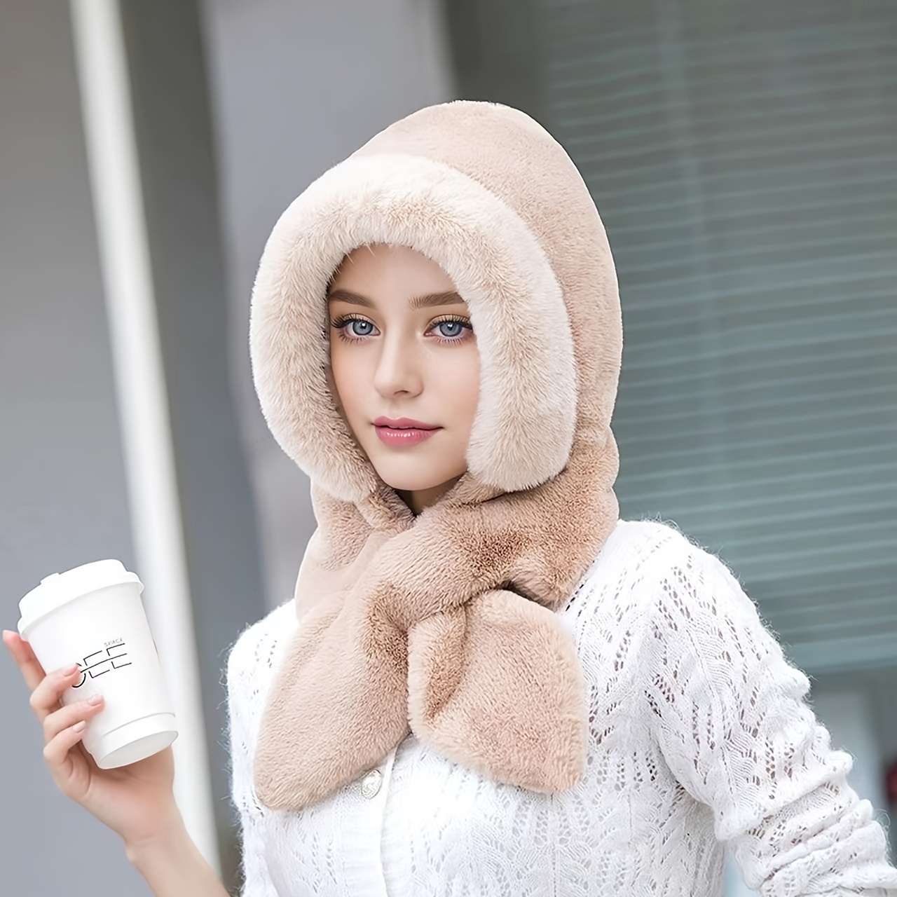 TEMU Women's Winter Faux Fur Hat Thick Warm Plush Ear-protector Riding Solid Color With Scarf Buckle Closure Hand-wash Knit Fabric For Cold Weather Occasions