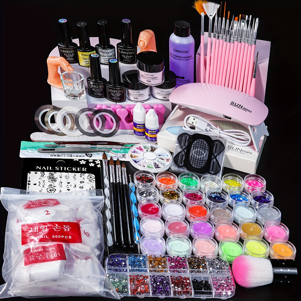 TEMU Colorful Manicure Set, Acrylic Powder Nail Extention Set Professional Dipping Carving Powder Decoration, For Gel Nails, Manicure, Pedicure, Home