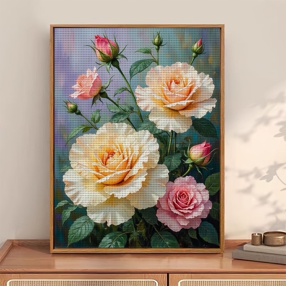 Frameless Cross-Stitch Kit 'Pink Rose and Green Leaves' Design