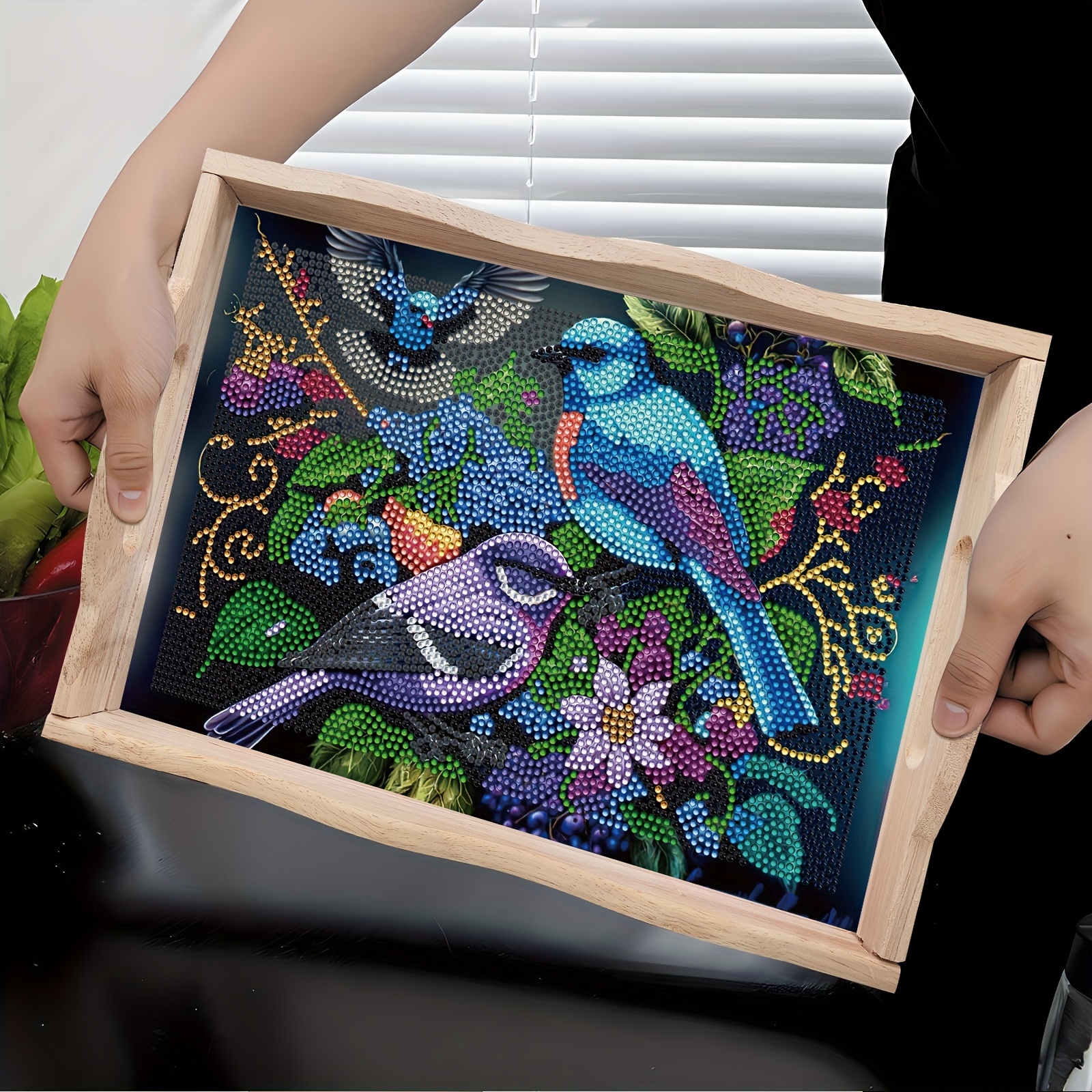 

Diy Bird Pattern Diamond Painting Tray Kit - Rectangular Wooden Serving Tray With Handle, Crystal Embellished Art Craft Set, Handmade Heat-resistant Dinner Plate For Family Gatherings & Parties