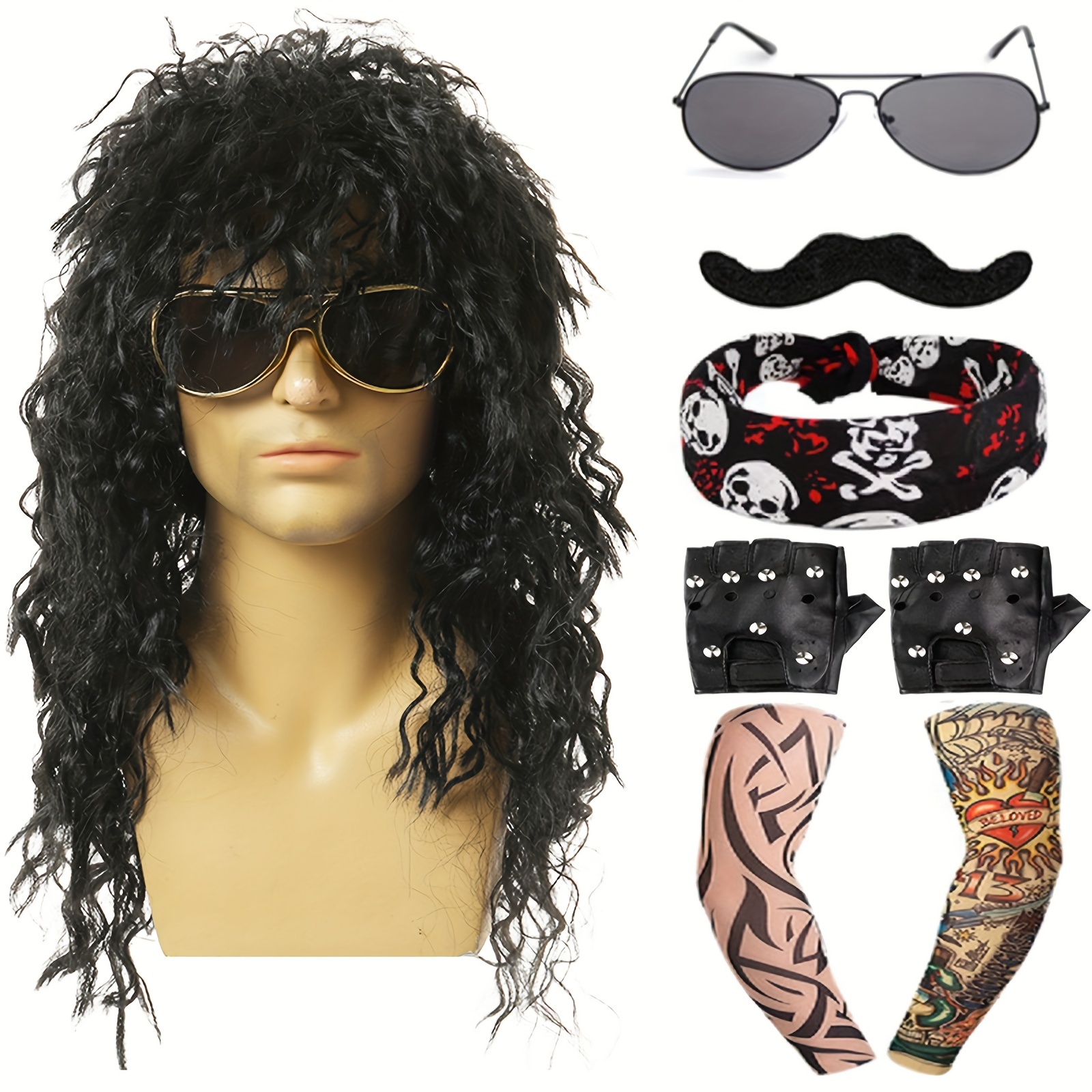 

8-piece 70s & 80s Rocker Costume Set - Hippie Wig, Fashion Glasses, Punk Gloves, Tattoo Sleeves For Halloween & Party Dress-up