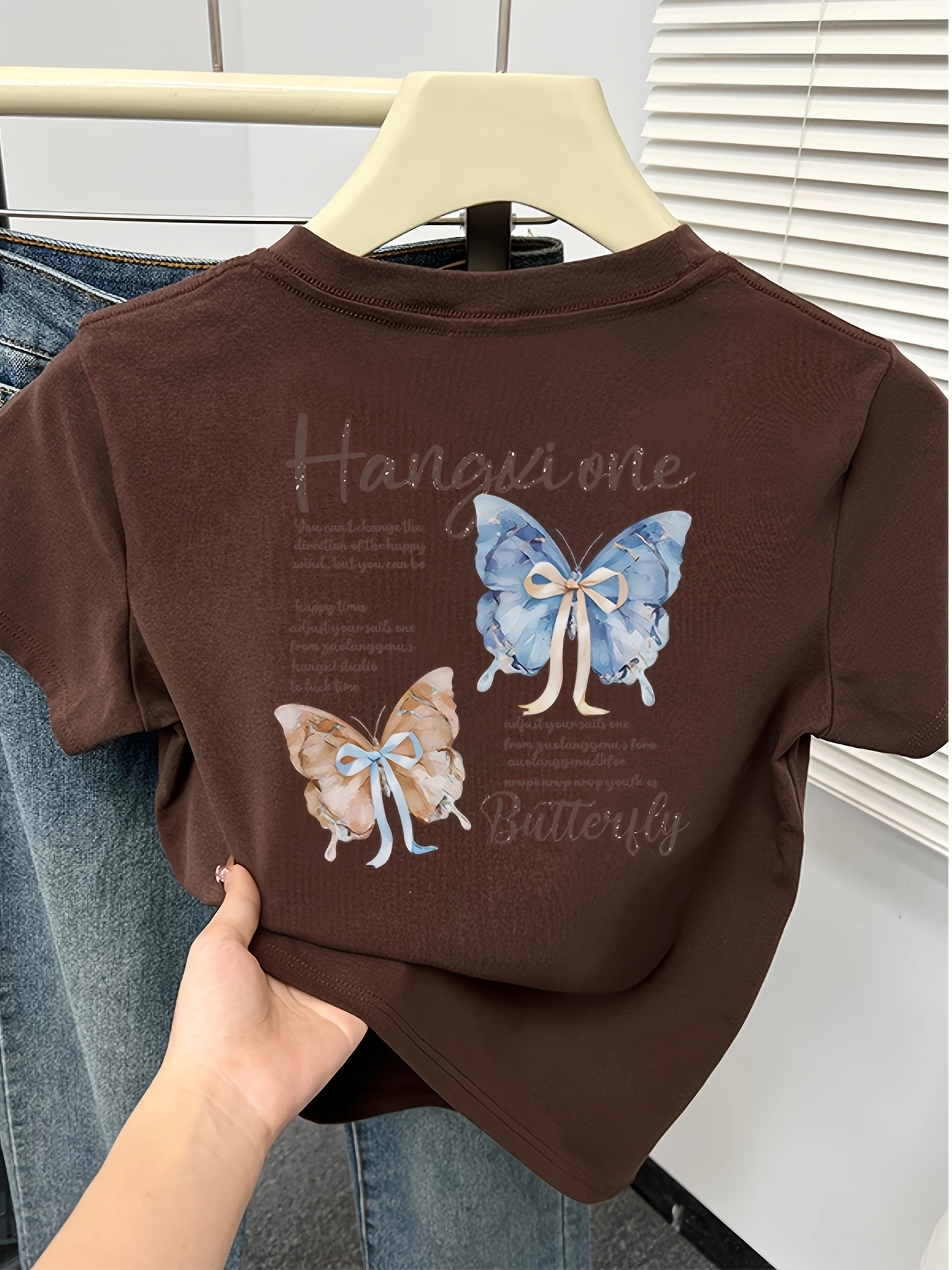 womens   fit   print t shirt hangin   with blue brown butterflies casual short sleeve top for spring summer   shirt Product details 10