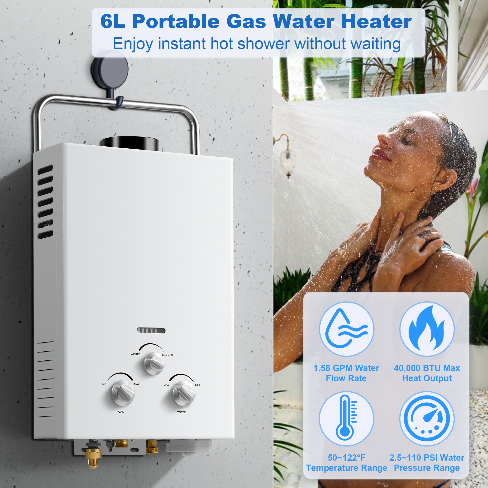Portable Tankless Water Heater Propane, 6L 1.58 GPM Propane Gas Outdoor Instant Hot Water Heater Portable Tankless Water Heater Propane, 6L 1.58 GPM Propane Gas Outdoor Instant Hot Water Heater