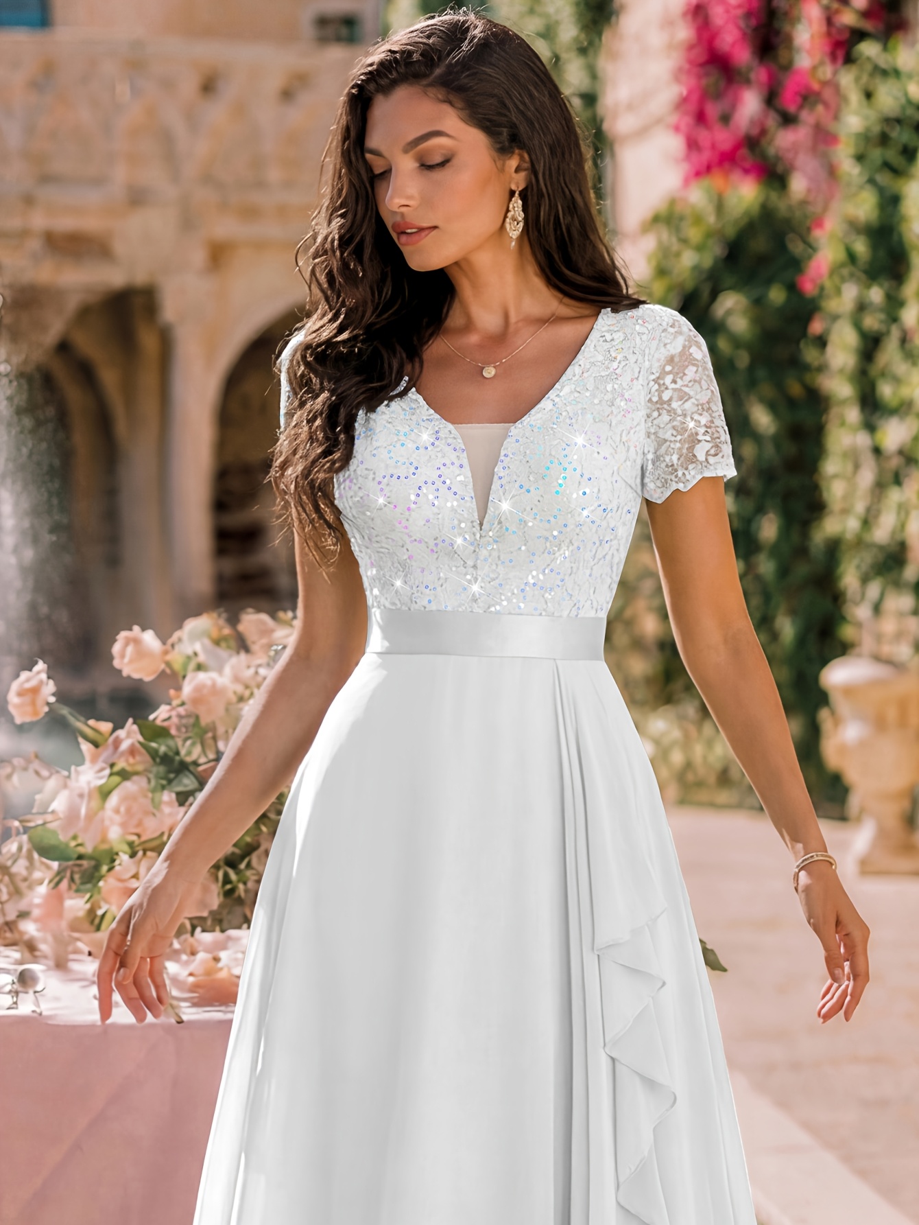 womens elegant v neck short sleeve wedding guest dress a