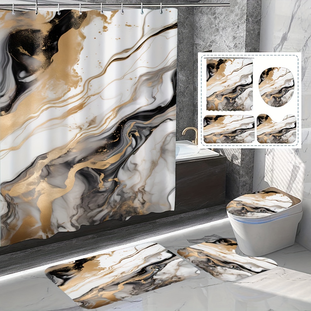 

1/4pcs Marble Pattern Shower Curtain Set, Waterproof Shower Curtain With 12 Hooks, Non-slip Rug, U-shaped Toilet Mat, Toilet Lid Mat, Bathroom Decor Accessories