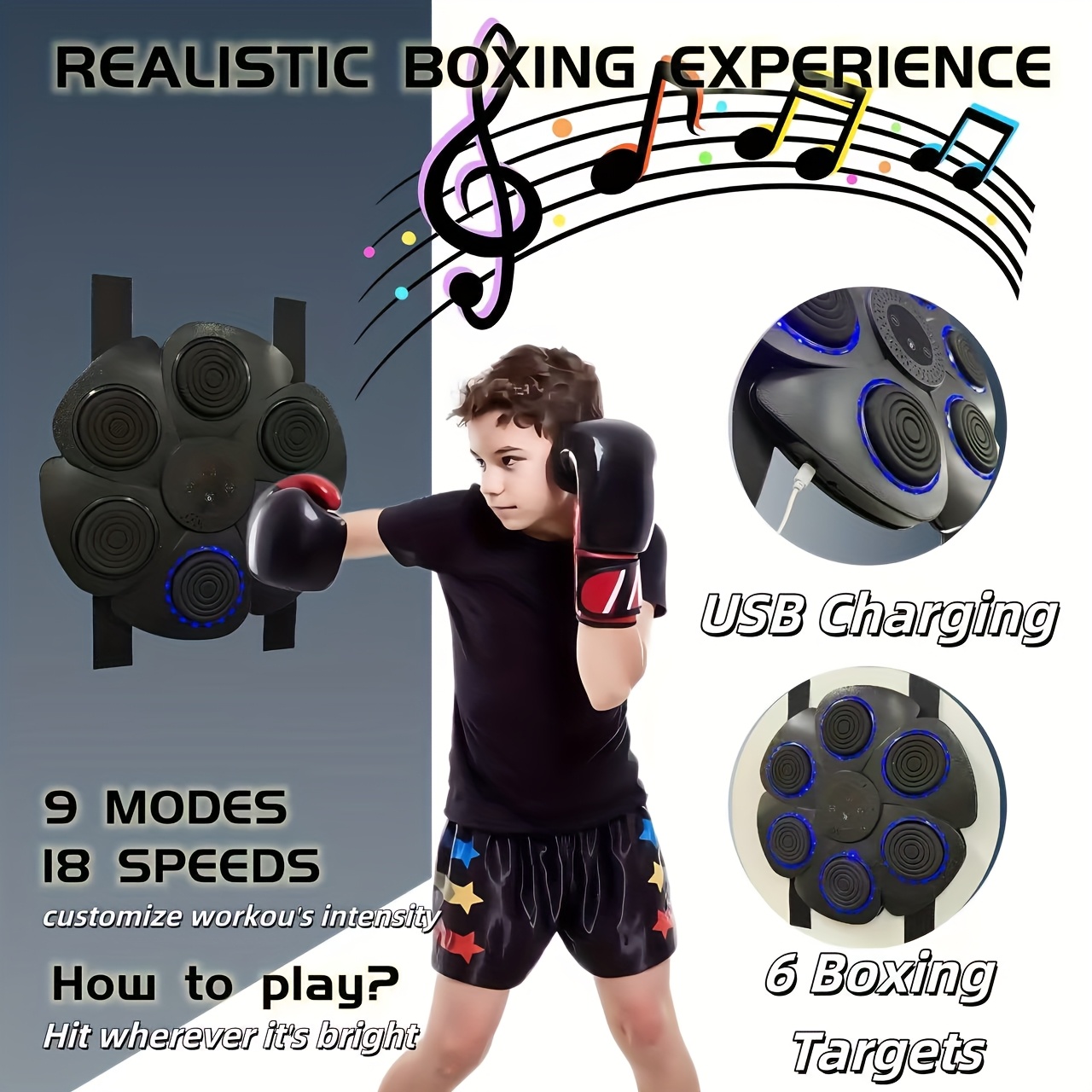 1pc electric boxing machine 9   18 speed options no drill installation   6 large punching  s connects to mobile phone music smart music boxing   reaction speed rhythm exercise equipment   gloves best birthday gift Product details 2