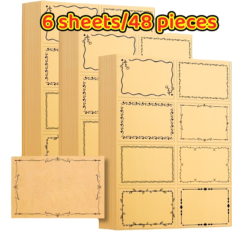 TEMU 6 feuilles/48 pièces d'autocollants rectangulaires rétro en papier, de bordure facile, autocollants d'étiquettes de rangement à domicile,