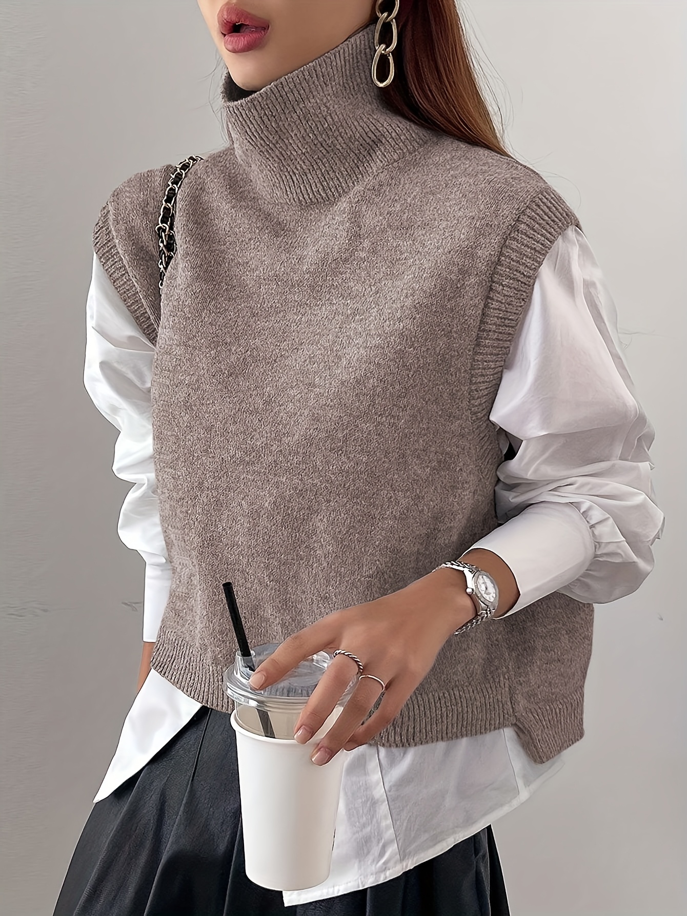 womens elegant high neck sweater vest soft solid color Temu