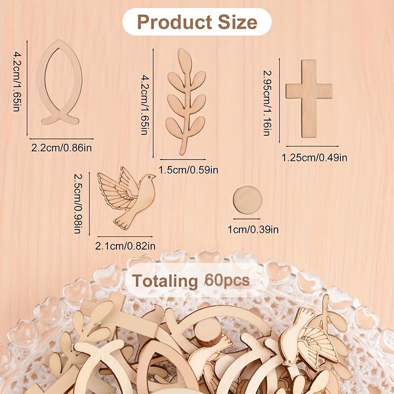 60pcs Wooden Table Confetti Set - Fish, , Branches And Doves, Suitable For Baptism, First Communion, Shower, Birthday And Wedding Decorations, Baptism Decor