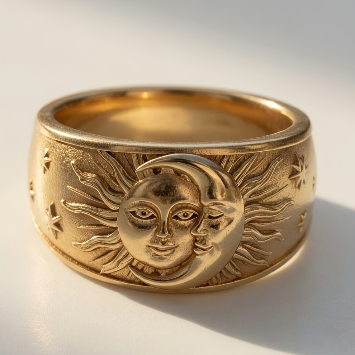 TEMU Vintage Court-style 18k Gold-plated Engraved Sun And Moon Bohemian Ring For Women