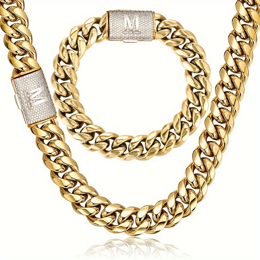 

2pcs Miami Cuban Link Chain Set For Men Hip Hop Jewelry 18k Golden Plated Stainless Steel Cut Faux Diamond Initial Letter M Buckle Bracelet Necklace Set