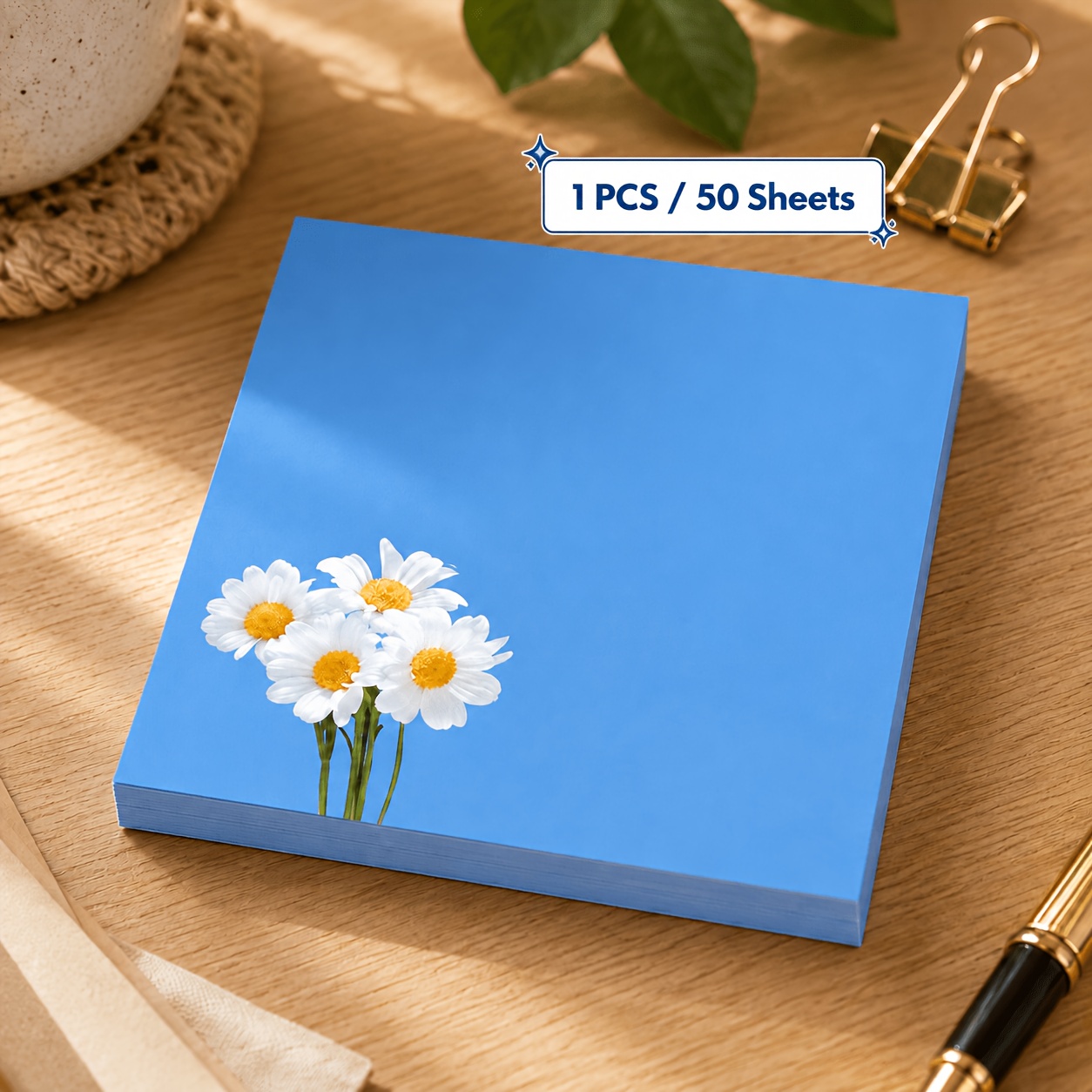 TEMU 1 Pad Of 50 Blue Daisy Sticky Notes, Floral Memo Pad, Self-adhesive Reminder Notes, Suitable For Office, School, Studying, Journaling, And