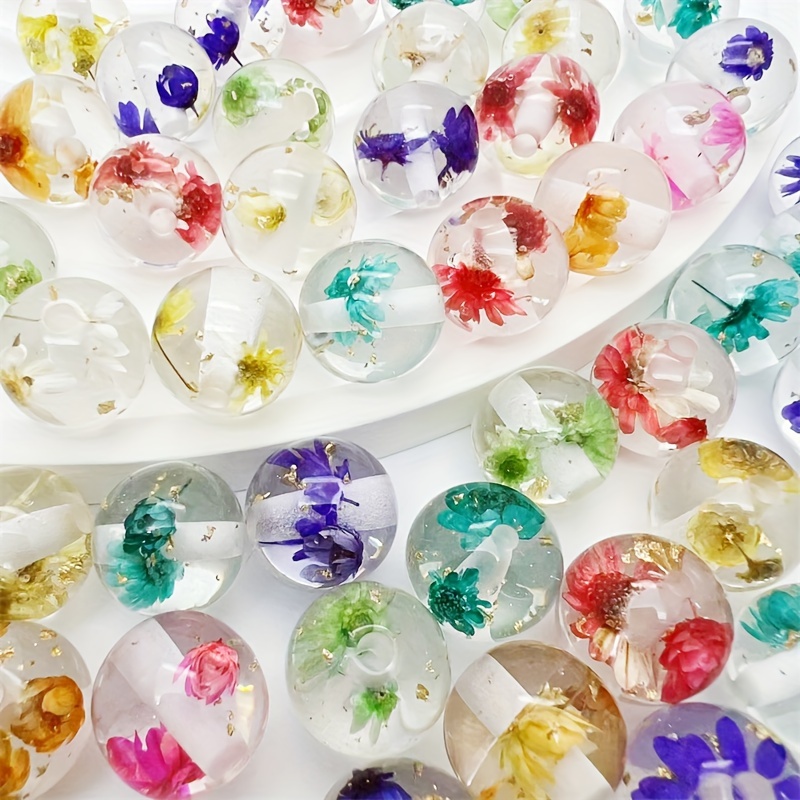 

15pcs 16mm Transparent Resin Beads With Eternal Flowers & Accents - Diy Phone Charms, Keychains, And Jewelry Crafting