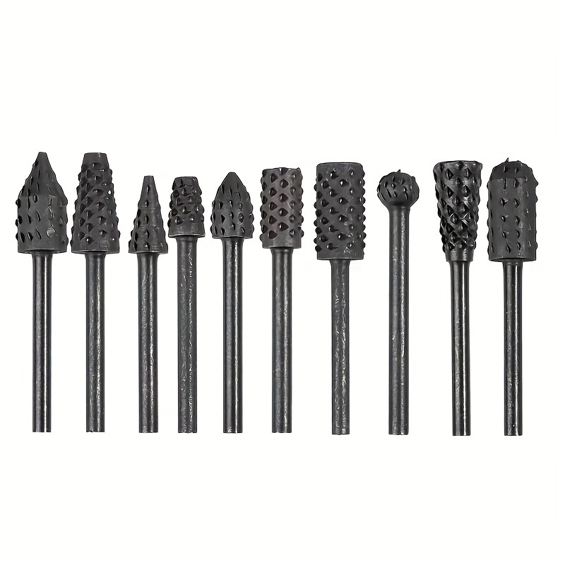 

10pcs 1/8''(3mm) Shank Rotary Burr Rasp Set Carbon Steel Wood Carving File Rasp Drill Bits Fit For Rotary Tools For Diy Woodworking Wood Plastic Carving Polishing Grinding Engraving