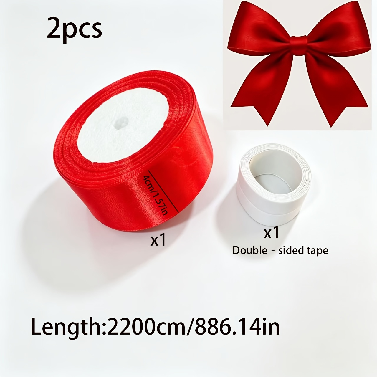 TEMU 2-pack, 1 Roll Of Red Satin Ribbon | 1.57 Inches X 886.14 Inches - Luxurious Polyester Ribbon And 1 Roll Of Double-sided Tape, Suitable For
