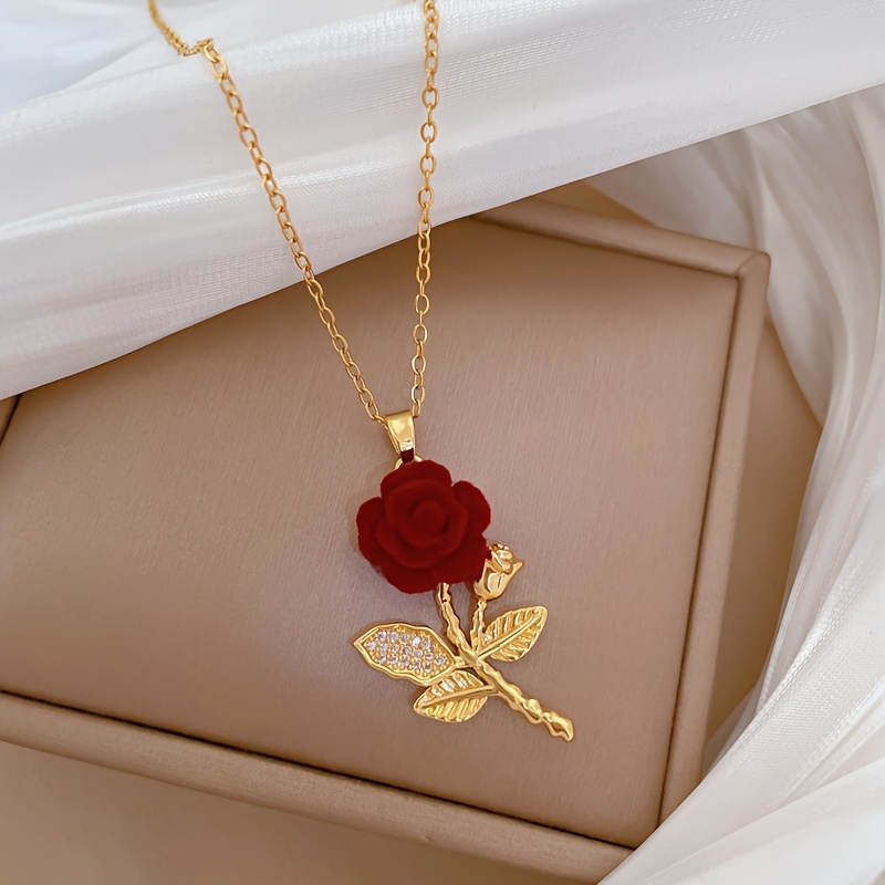 Image of Women' Stainless Flower Pendant Necklace With Red Roses - Elegant Rose, & Wine Red Jewelry Gift For Daily Wear, Birthdays, - Rose-shaped Flower Necklace Suitable For Women