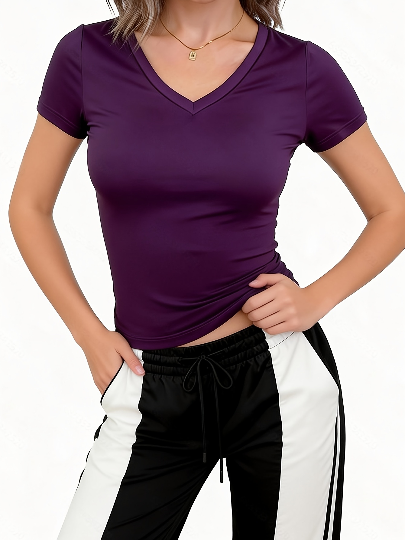 womens summer v neck fitted casual solid color short sleeve cropped loungewear top details 4