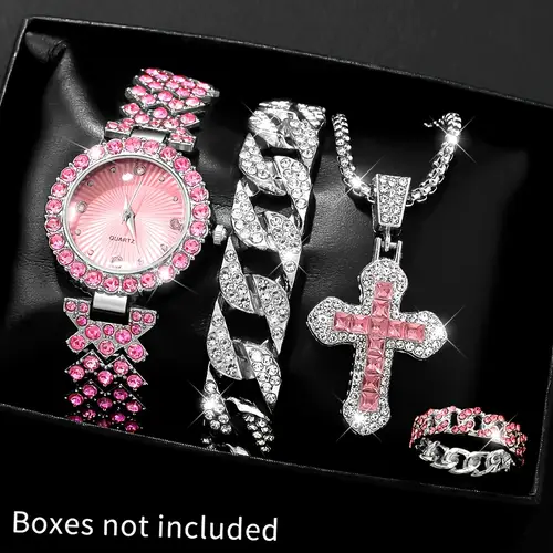 a set of 4 elegant casual pointer style ladies quartz watches exquisite and shiny ladies watch set 1 watch 3 jewelry set a selected watch set for fashionable ladies