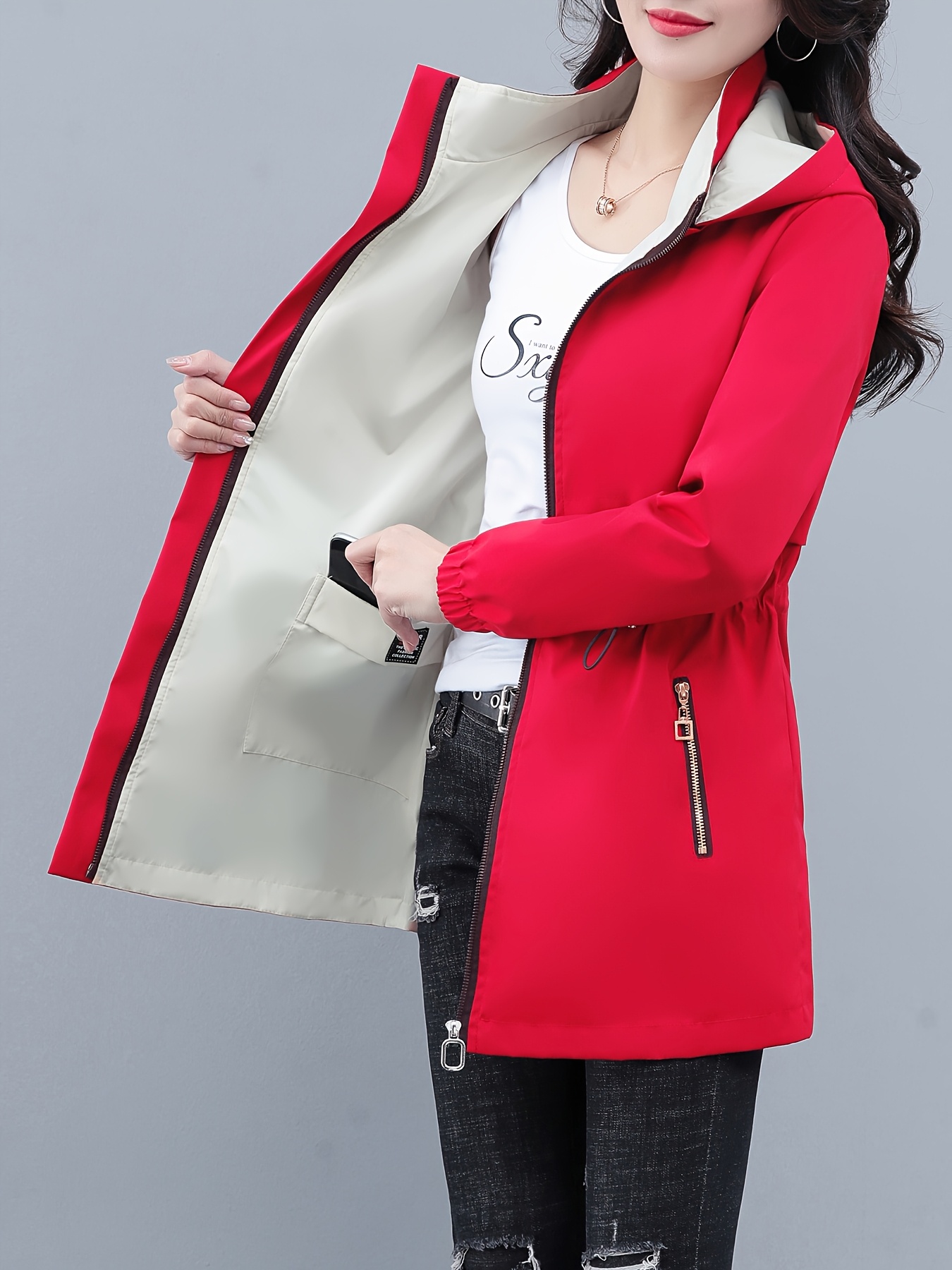 Chaqueta con capucha, bloque de color, cierre con cremallera, mangas largas casuales, bolsillos inclinados, cordón ajustable, para primavera y otoño, ropa de mujeres