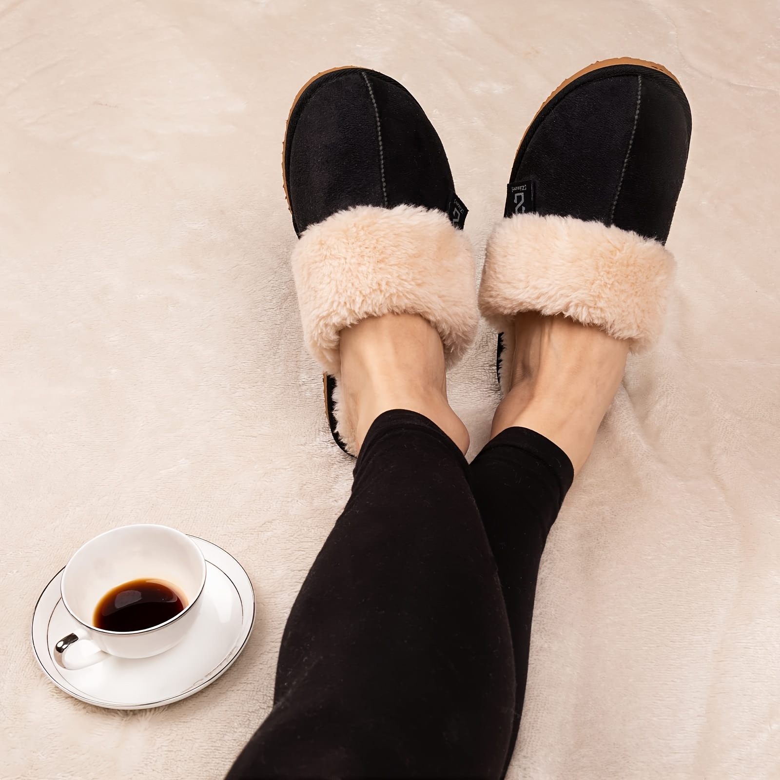 

Cozy & Warm Women's Memory Slippers - Plush Lambswool Lined, Non-slip , Elegant Black Bedroom Shoes With Soft Fuzzy Interior For All