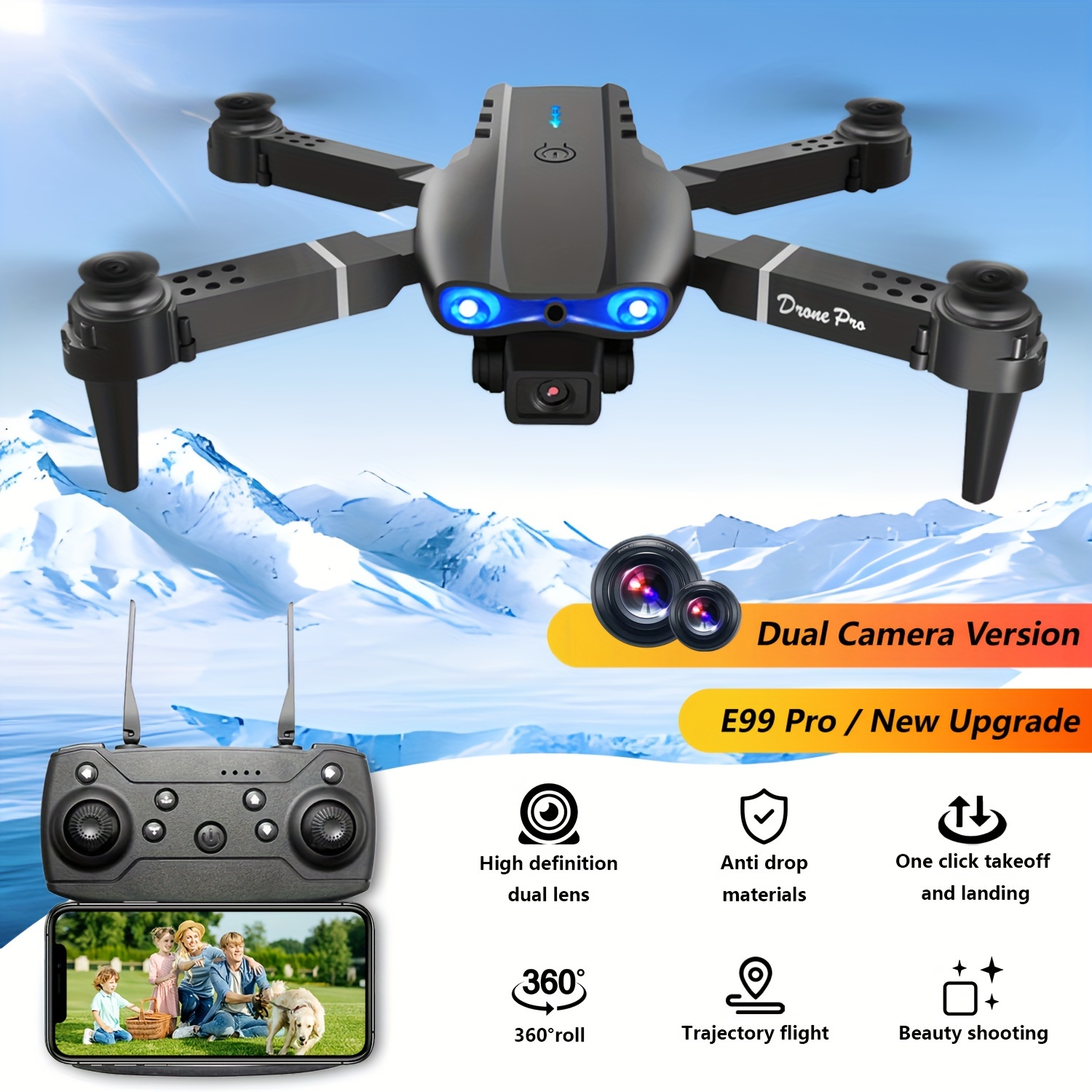 

Dual Hd Cameras E99 Pro Drone - Wifi Fpv Foldable Rc Quadcopter, Positioning, Height Fixed, Remote Control Drone For Beginners, Perfect Valentine's Day Gift For Outdoor And Indoor Fun