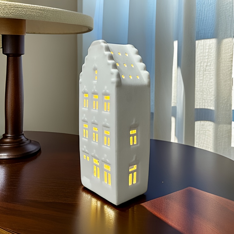 Image of 1pc House-shaped Candle Holder - Contemporary Holiday Decor For Christmas Halloween Easter Thanksgiving, Battery-free Indoor/outdoor Decoration With Snowy Roof & Window Design, Candle Holder Decor