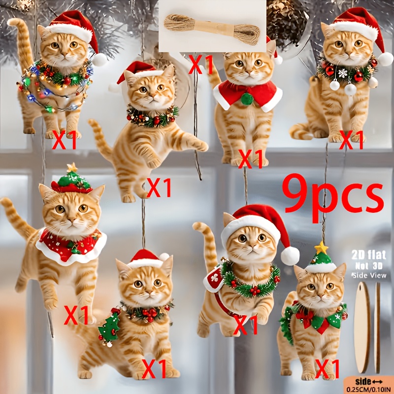 TEMU 9pcs Ornements de Noël 2D Plats et Mignons, Différents Tenues de Noël Chat Orange, , Bois Manufacturé | Convient pour Arbre de Noël, Maison,