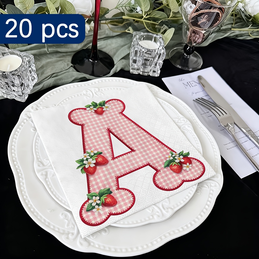 TEMU Lot de 20 serviettes jetables "A" avec fraises et queue de , mouchoirs à motif floral pour invités, 16,5x16,5 cm, pour fête à , enterrement de