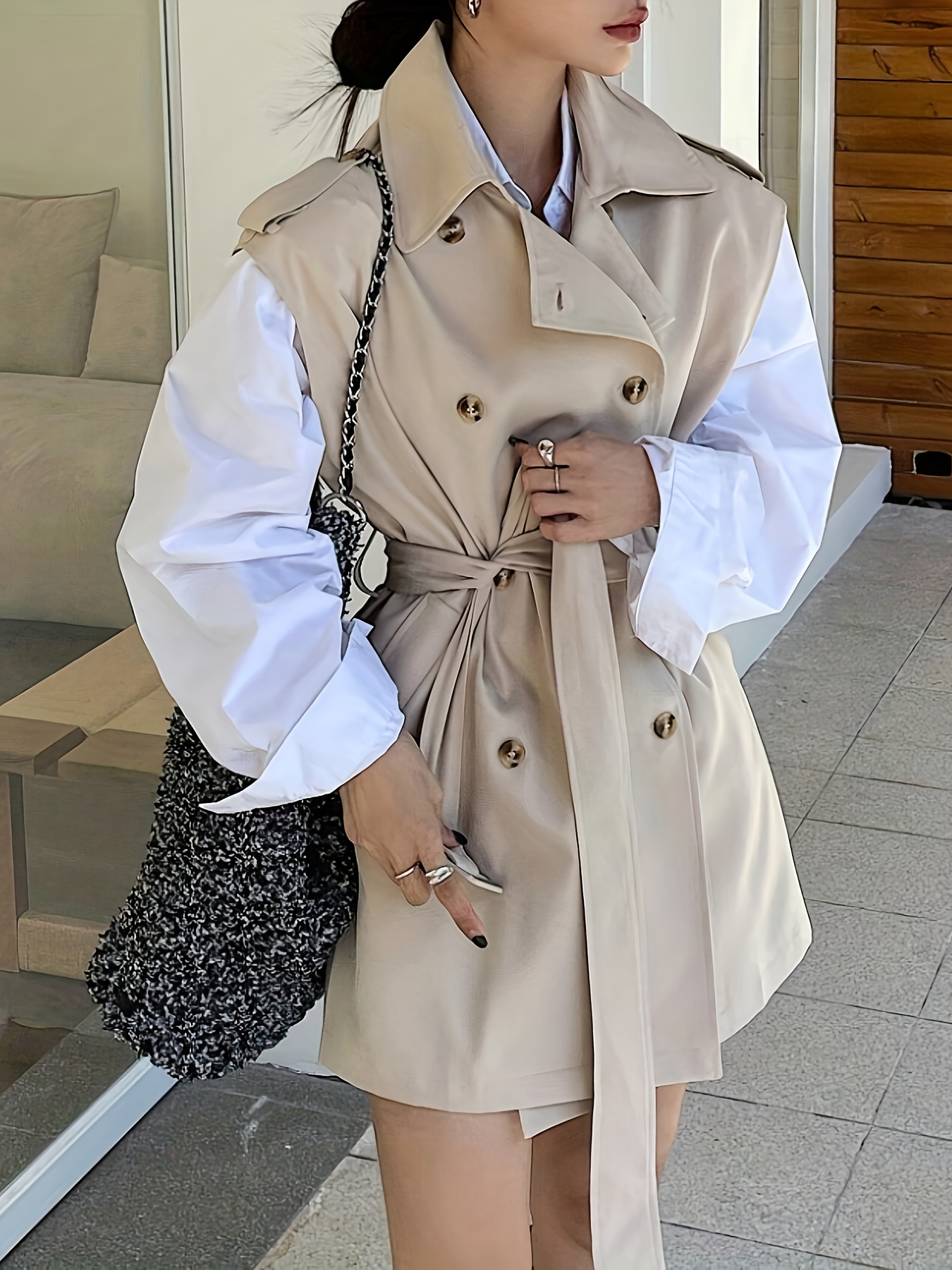 women's sleeveless lightweight jacket casual beige trench Temu Oman