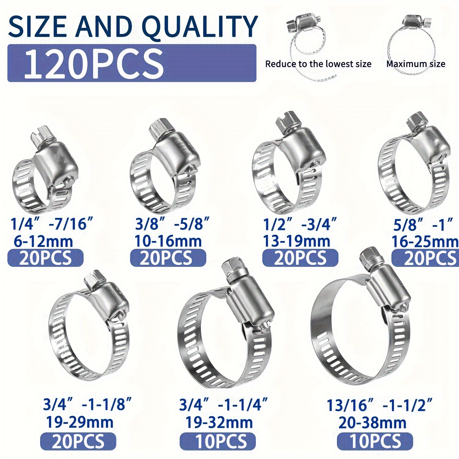 120pcs Hose Clamp Combination Kit 1/4 Inch -1-1/2 Inch Worm Gear Clamp, Suitable For Fuel Lines, , Automotive, Mechanical Applications, Pipes, Radiators, Gardens