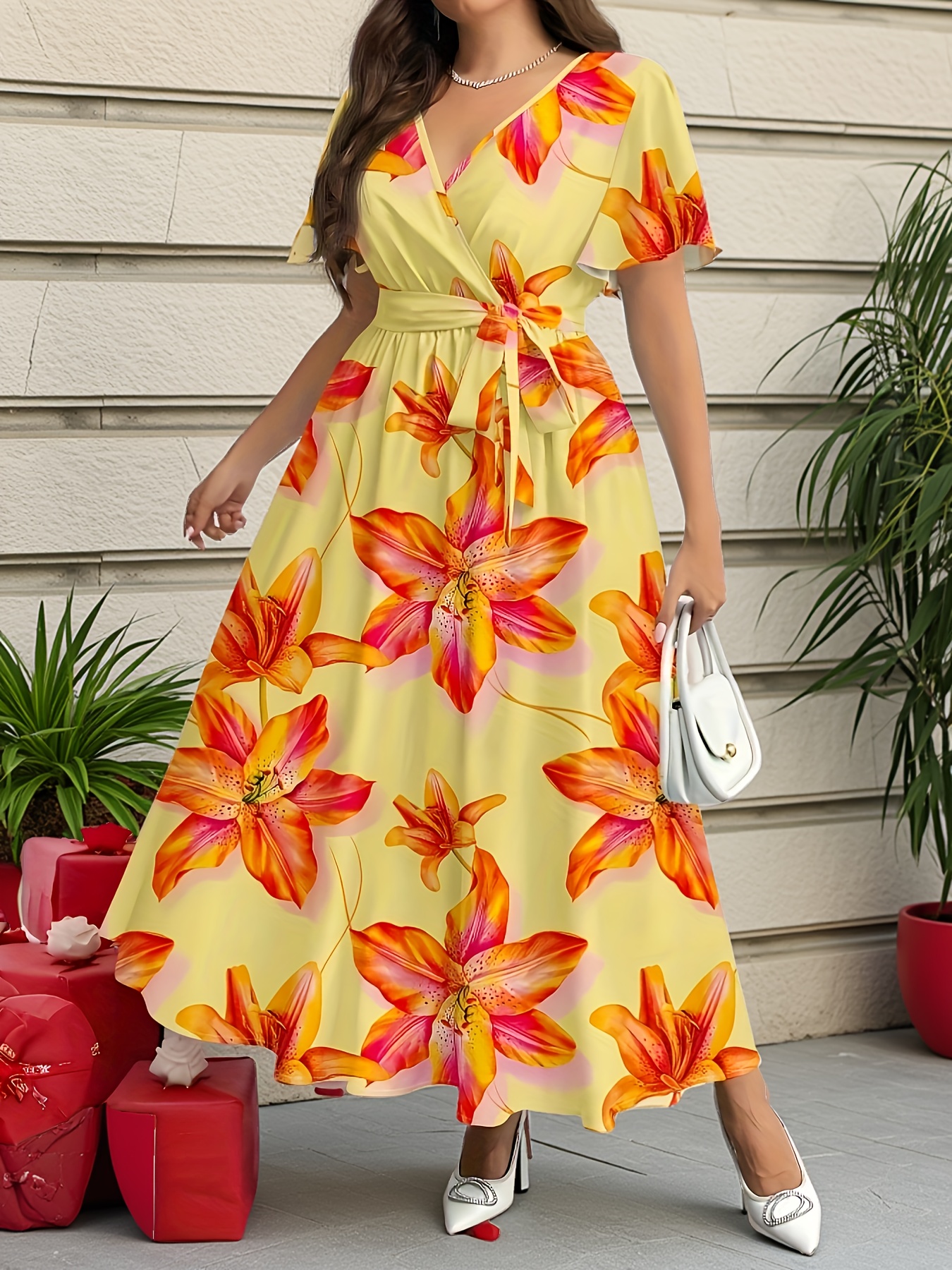 Plus Size, Plus Size V-Neck Tie-Waist Floral Print Elegant Vacation Dress