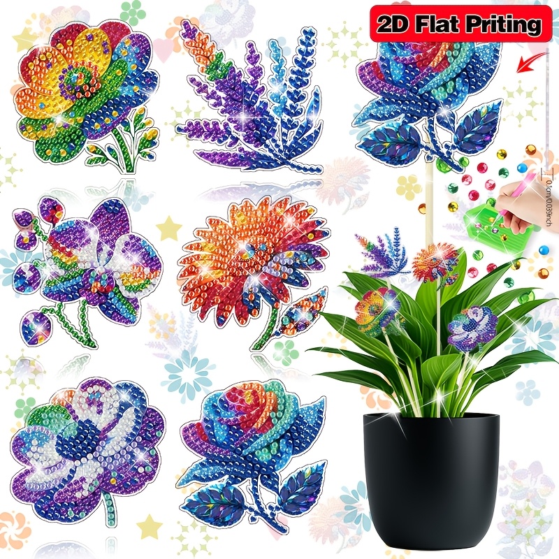 TEMU Lot de 6 pièces : Bâtons pour vase à fleurs artisanaux à motif de , Bâtons pour vase à fleurs à art diamant imprimé à plat 2D à motif de rose,
