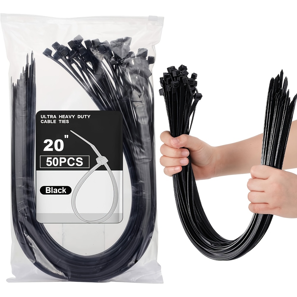 TEMU 50pcs 20inch Heavy Duty Nylon Cable Ties, 50cm Black Durable Self-locking Zip Ties, High Tensile Strength Uv Resistant Plastic Wire Ties For